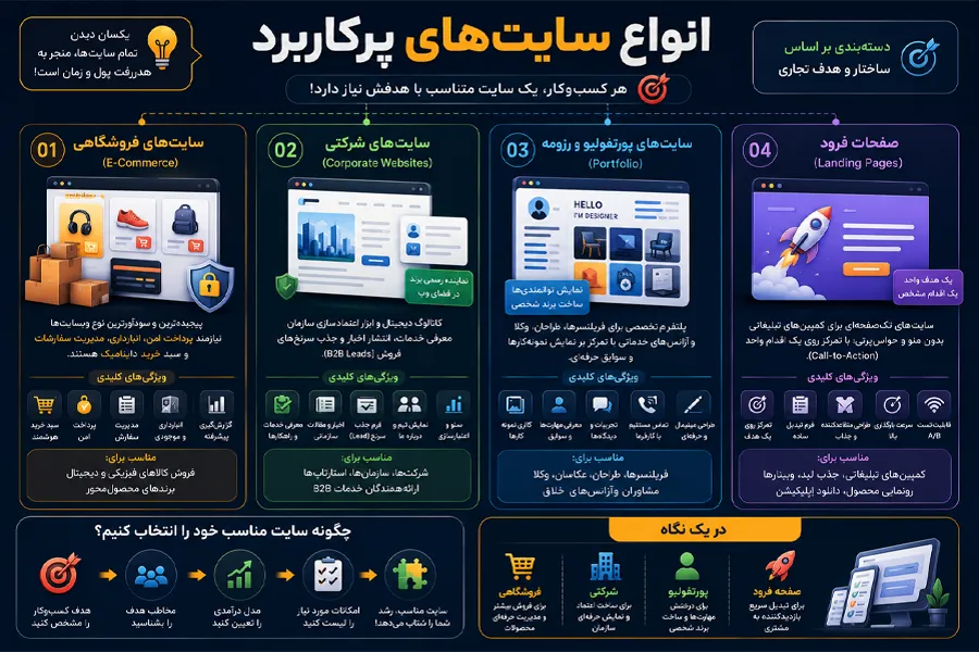 انواع سایتهای پرکاربرد، دستهبندی بر اساس ساختار و هدف تجاری